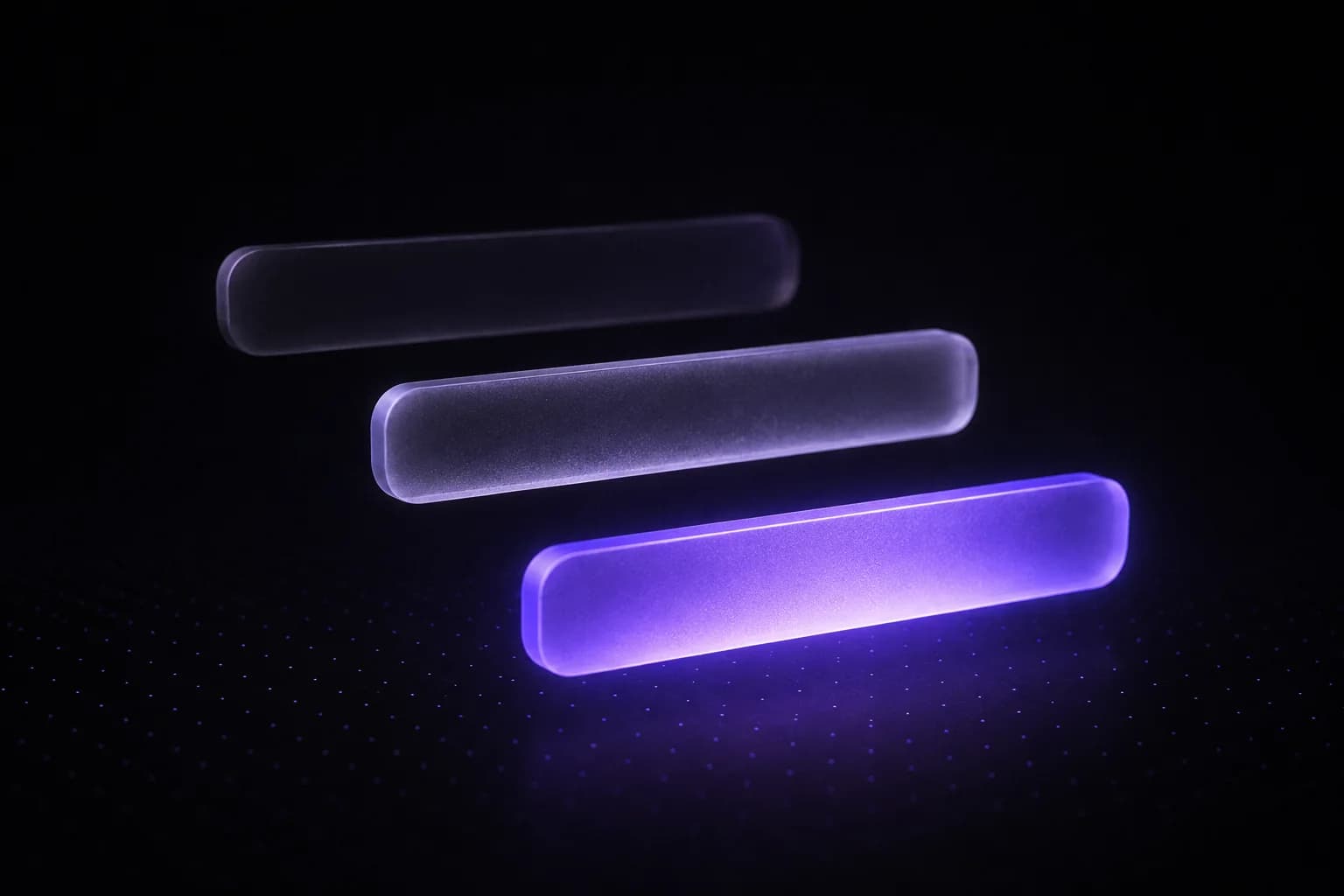 Three staggered frosted-glass bars, the bottom one glowing violet — the AsyncX mark in 3D